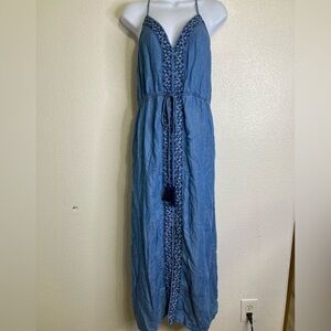 1250°C Chambray Denim Dress Embroidered Sz L Cowboy Country Indie Festival
